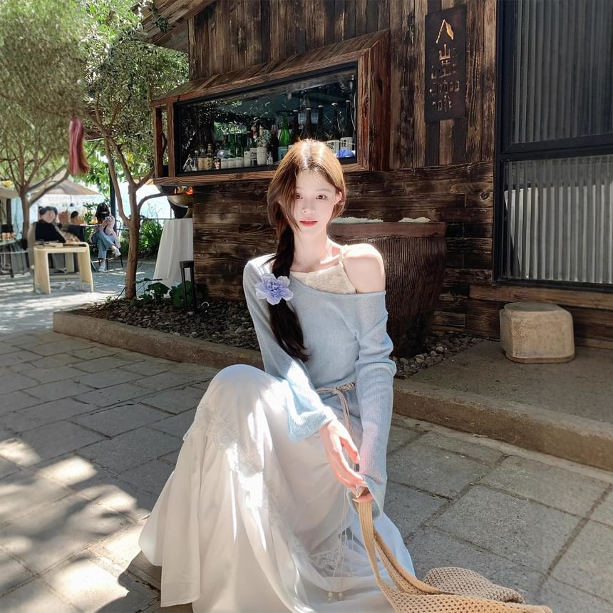 Lace-Paneled Cold-Shoulder Mock Two-Piece Long-Sleeved Tee with High-Waisted Maxi A-Line Skirt and String Belt Set