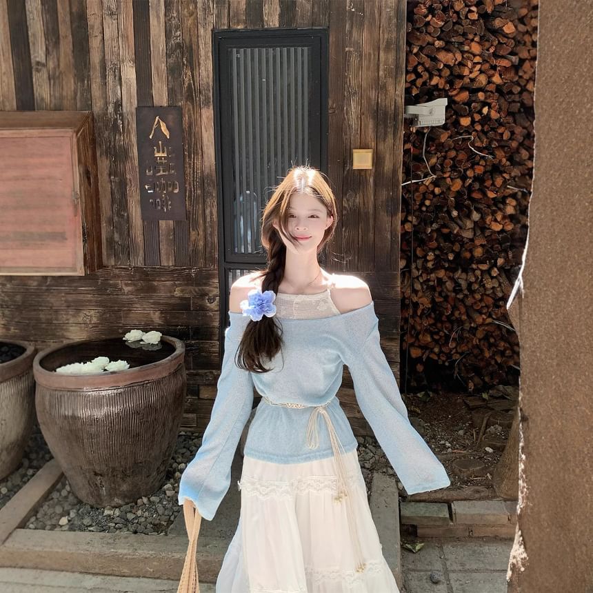 Lace-Paneled Cold-Shoulder Mock Two-Piece Long-Sleeved Tee with High-Waisted Maxi A-Line Skirt and String Belt Set