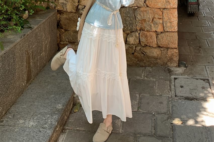 Lace-Paneled Cold-Shoulder Mock Two-Piece Long-Sleeved Tee with High-Waisted Maxi A-Line Skirt and String Belt Set