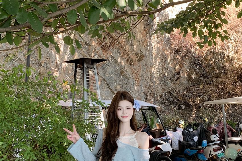 Lace-Paneled Cold-Shoulder Mock Two-Piece Long-Sleeved Tee with High-Waisted Maxi A-Line Skirt and String Belt Set