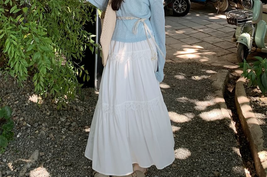 Lace-Paneled Cold-Shoulder Mock Two-Piece Long-Sleeved Tee with High-Waisted Maxi A-Line Skirt and String Belt Set