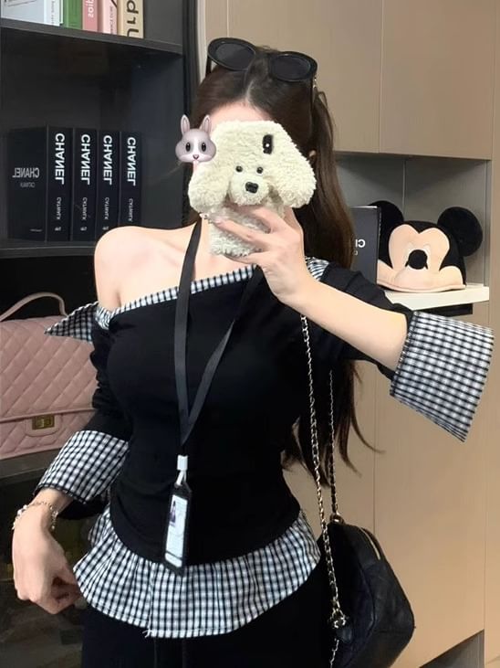 Plaid-Paneled Asymmetric Mock Two-Piece Long-Sleeved Knit Top
