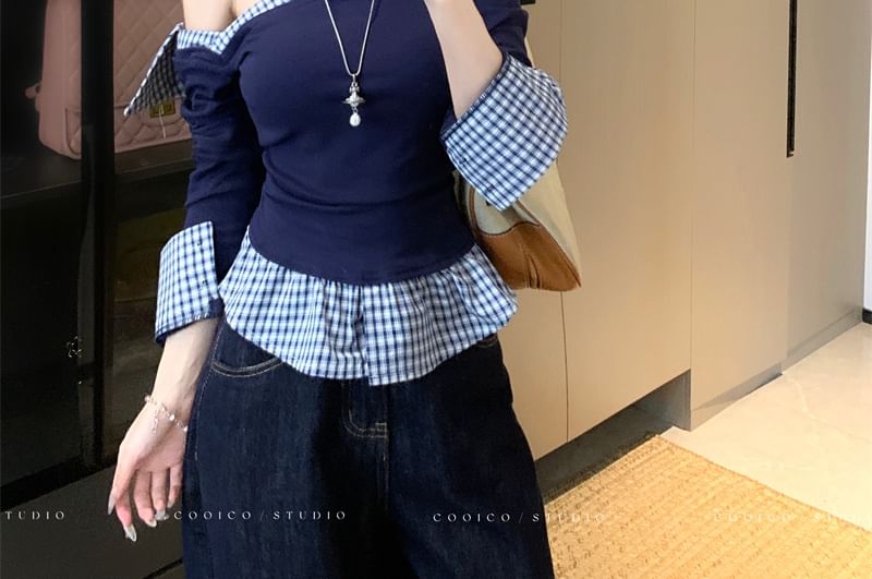 Plaid-Paneled Asymmetric Mock Two-Piece Long-Sleeved Knit Top