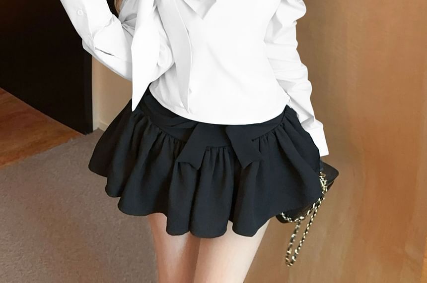 Plain Bow Asymmetric Cold-Shoulder Long-Sleeved Blouse