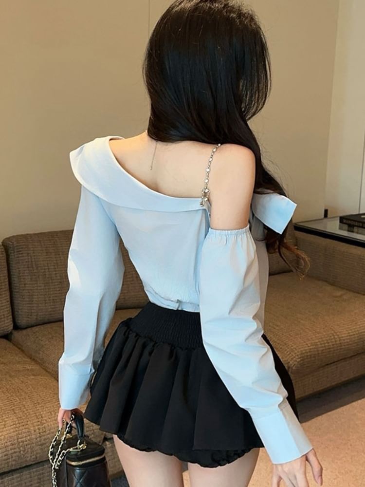 Plain Bow Asymmetric Cold-Shoulder Long-Sleeved Blouse