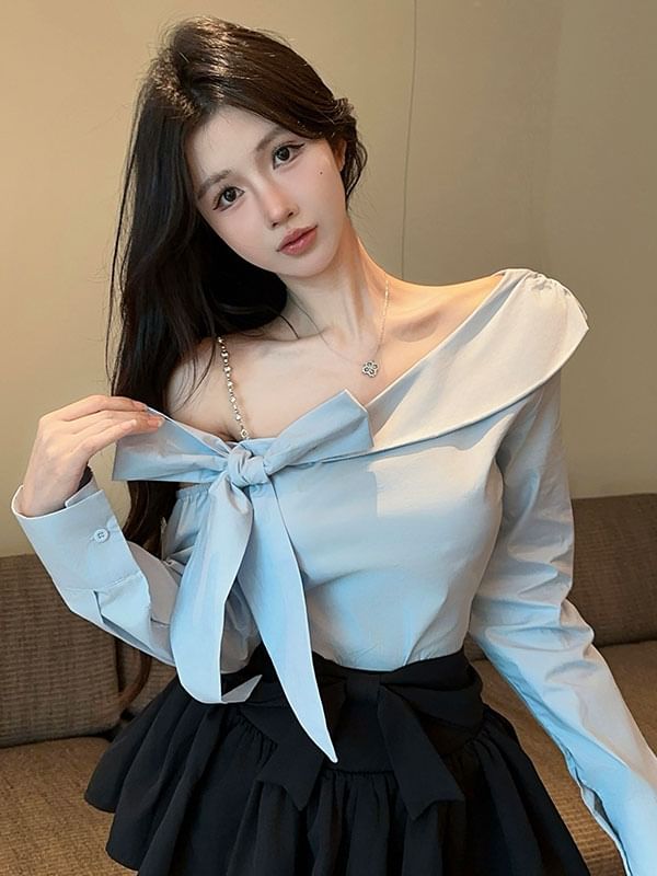 Plain Bow Asymmetric Cold-Shoulder Long-Sleeved Blouse