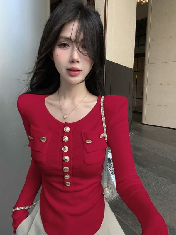 Plain Scoop-Hem Henley Long-Sleeved Round-Necked Knit Top