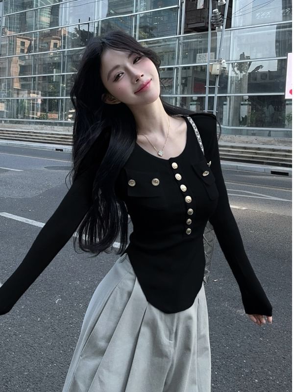 Plain Scoop-Hem Henley Long-Sleeved Round-Necked Knit Top