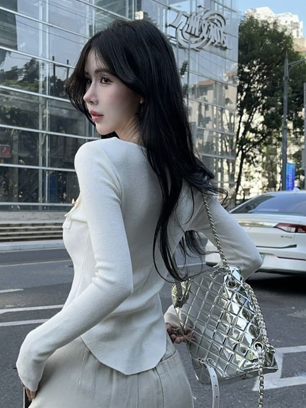Plain Scoop-Hem Henley Long-Sleeved Round-Necked Knit Top