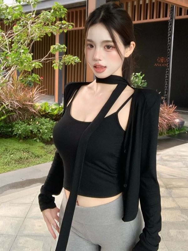 Plain Cropped Knit Cami Top with Cardigan and Skinny Scarf Set