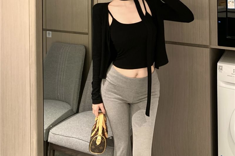 Plain Cropped Knit Cami Top with Cardigan and Skinny Scarf Set