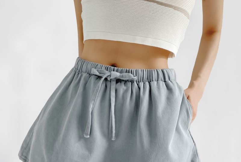 Drawstring Waist Plain A-Line Mini Skirt