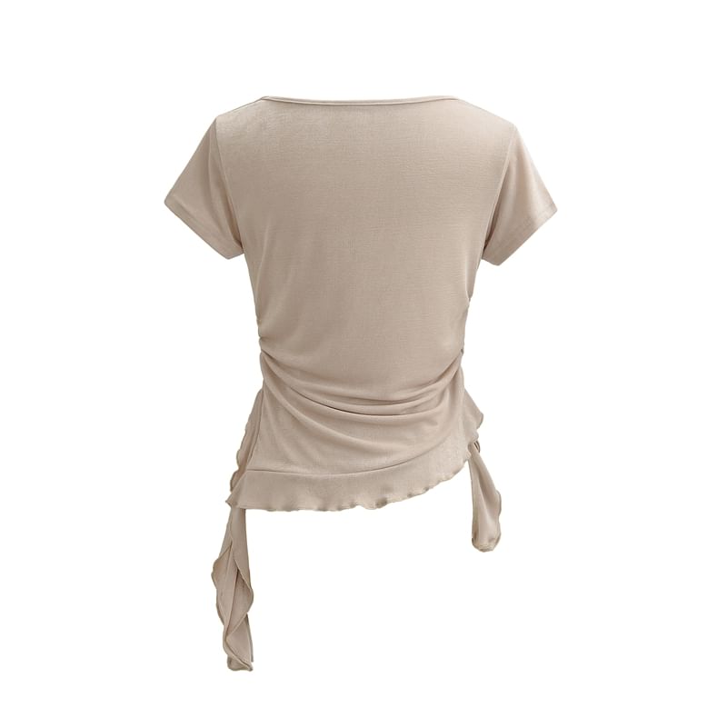 Cowl-Neck Short-Sleeved Ruffle Ruched Plain Top
