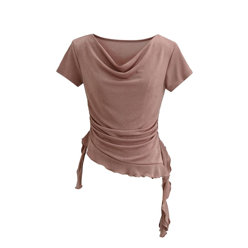 Cowl-Neck Short-Sleeved Ruffle Ruched Plain Top
