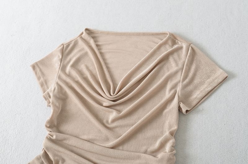 Cowl-Neck Short-Sleeved Ruffle Ruched Plain Top
