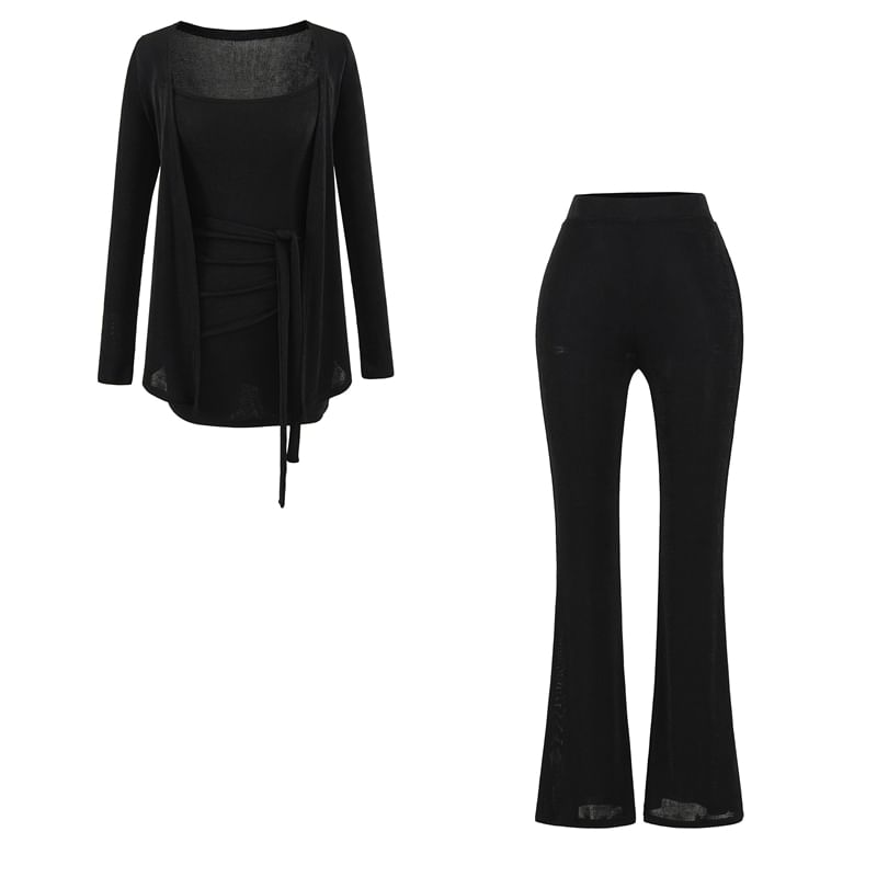 Open-Front Cardigan & Cami & Flared High-Waisted Pants Set