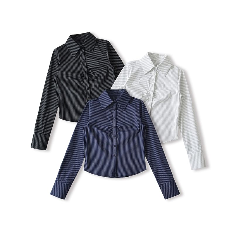 Collared Long-Sleeved Striped Ruched Blouse