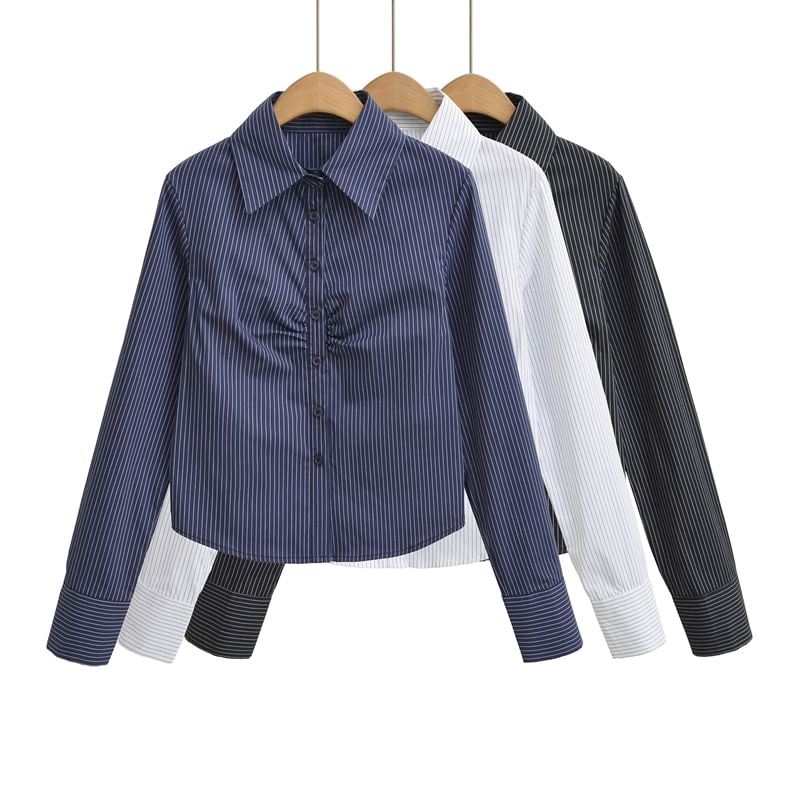 Collared Long-Sleeved Striped Ruched Blouse