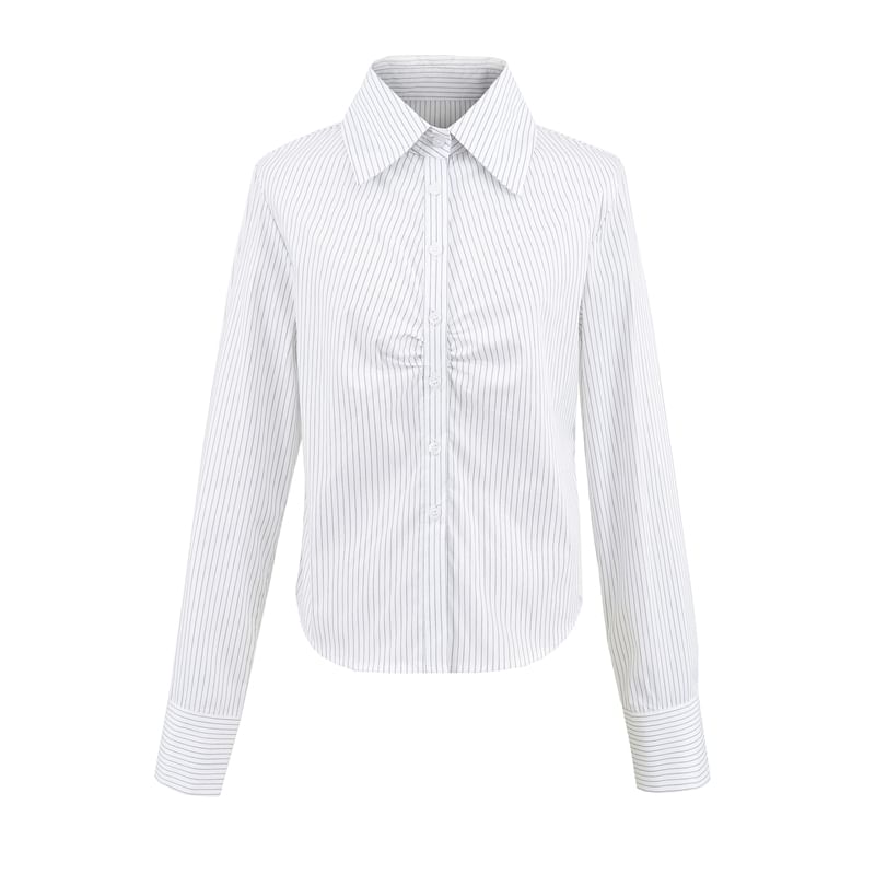 Collared Long-Sleeved Striped Ruched Blouse
