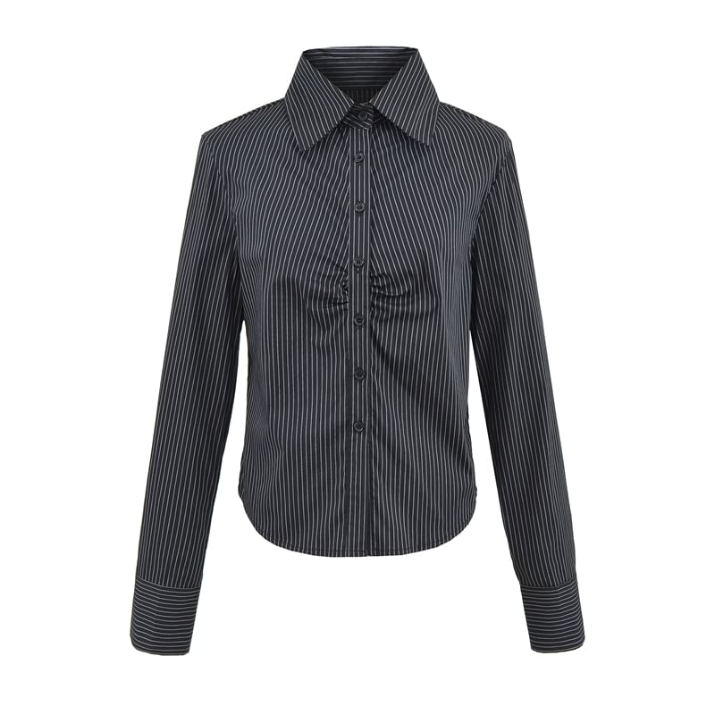Collared Long-Sleeved Striped Ruched Blouse