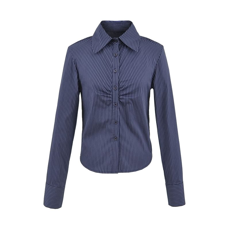 Collared Long-Sleeved Striped Ruched Blouse