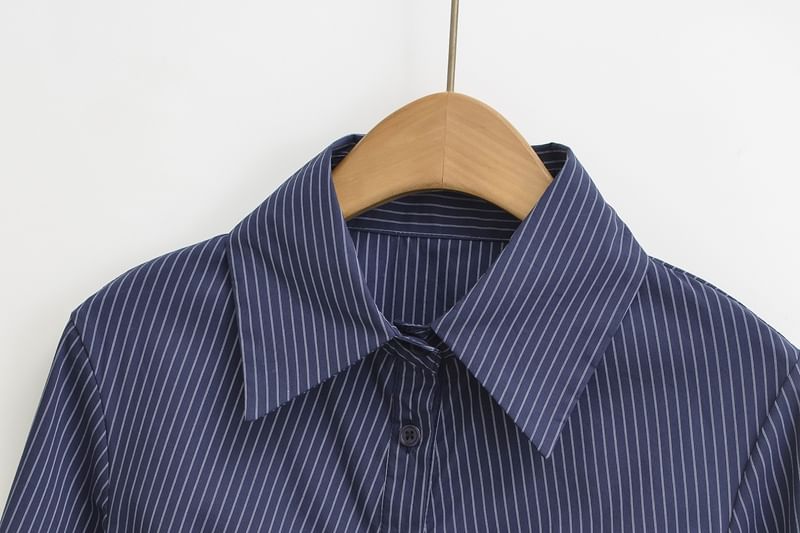Collared Long-Sleeved Striped Ruched Blouse