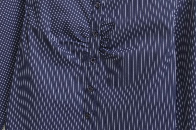 Collared Long-Sleeved Striped Ruched Blouse