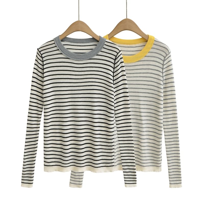 Striped Knit Round-Neck Long-Sleeved Top