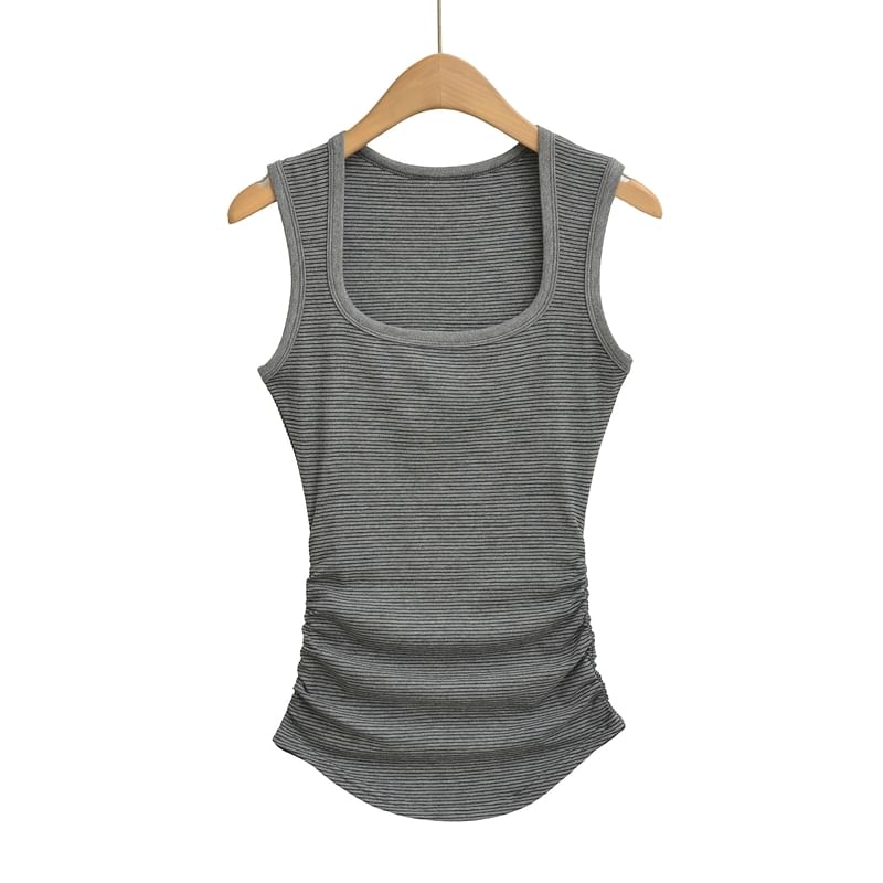 Striped Square-Neck Ruched Tank Top