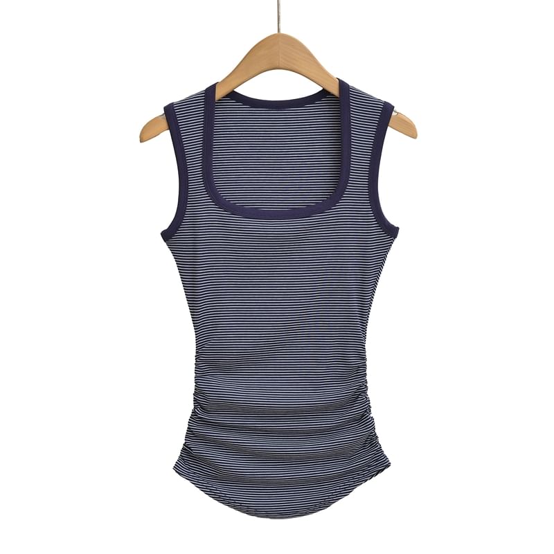 Striped Square-Neck Ruched Tank Top