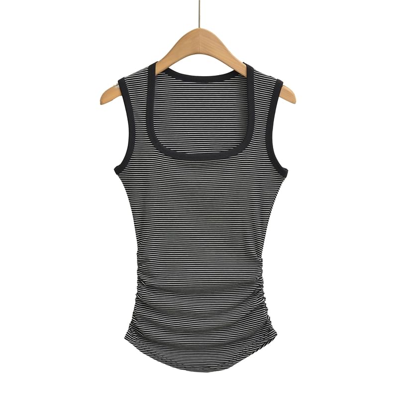 Striped Square-Neck Ruched Tank Top