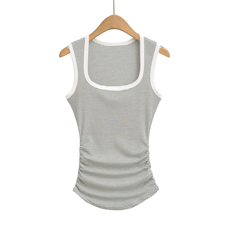 Striped Square-Neck Ruched Tank Top