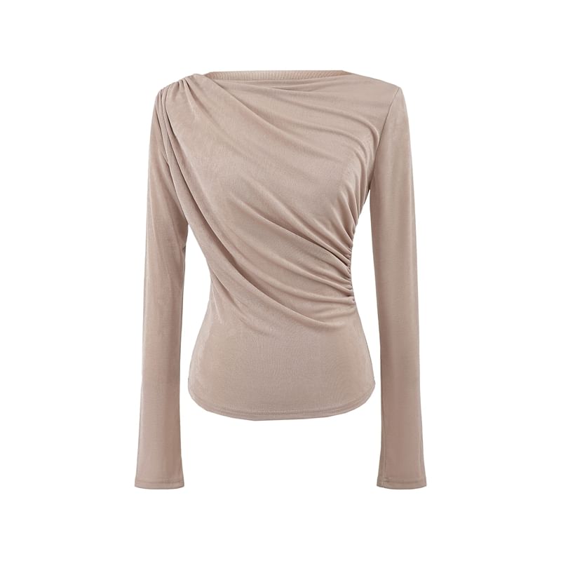 Boat-Neck Long-Sleeved Ruched Plain Top