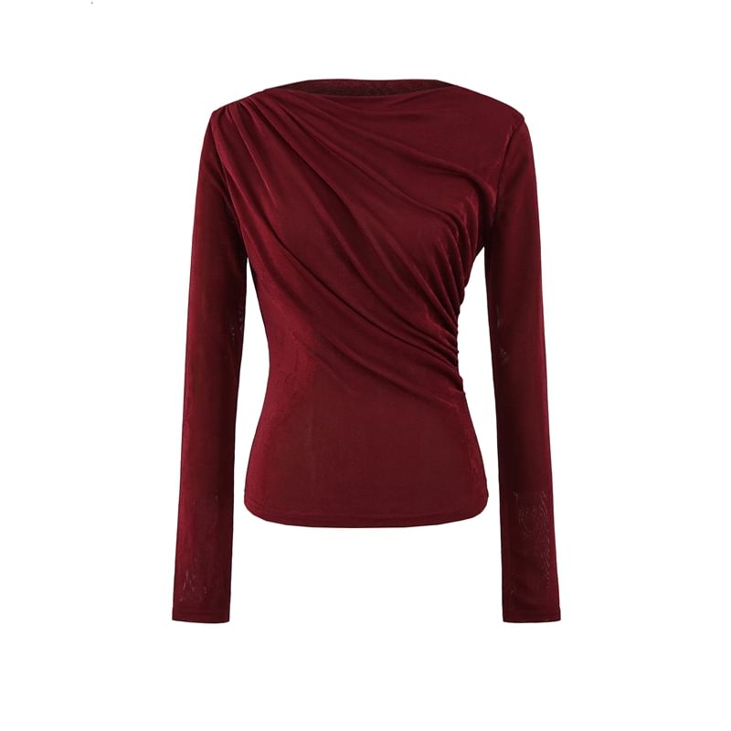 Boat-Neck Long-Sleeved Ruched Plain Top