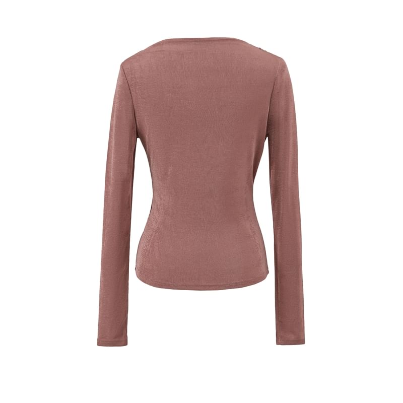 Boat-Neck Long-Sleeved Ruched Plain Top