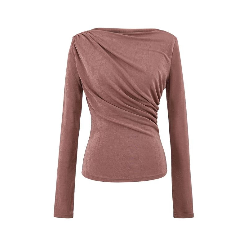 Boat-Neck Long-Sleeved Ruched Plain Top