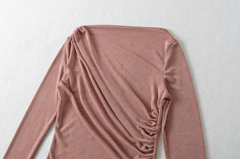 Boat-Neck Long-Sleeved Ruched Plain Top