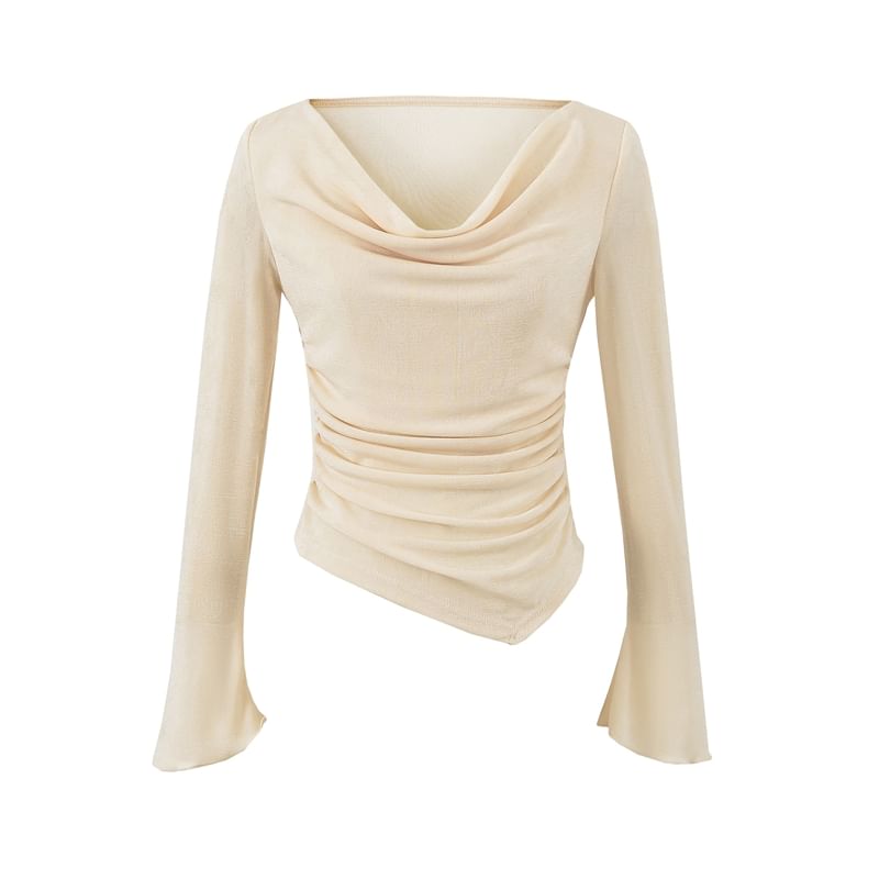 Cowl-Neck Long-Sleeved Asymmetric Ruched Plain Top