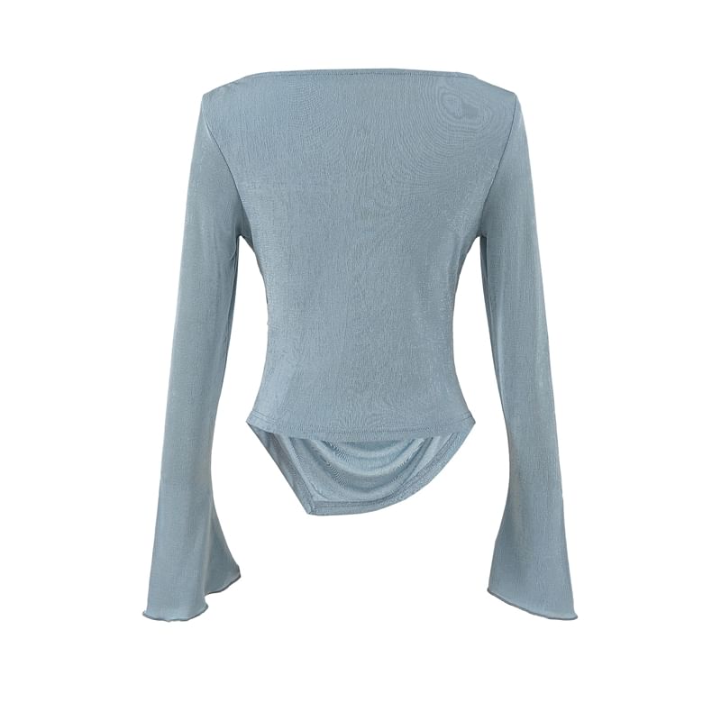 Cowl-Neck Long-Sleeved Asymmetric Ruched Plain Top