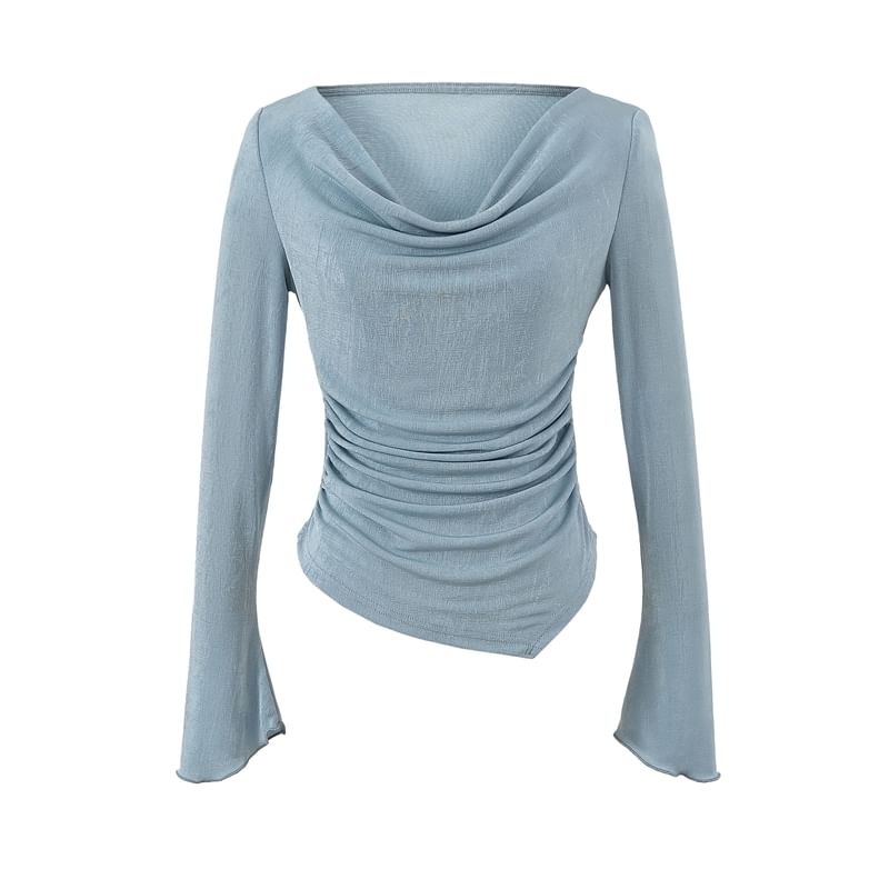 Cowl-Neck Long-Sleeved Asymmetric Ruched Plain Top