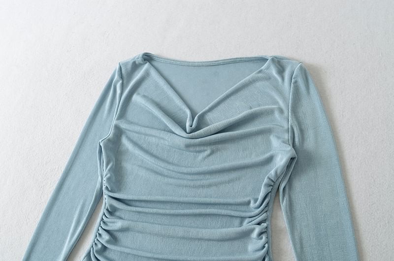 Cowl-Neck Long-Sleeved Asymmetric Ruched Plain Top