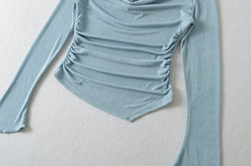 Cowl-Neck Long-Sleeved Asymmetric Ruched Plain Top