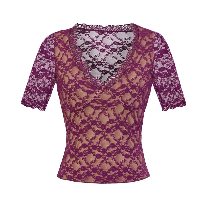 V-Neck Elbow-Sleeved Lace Overlay Blouse