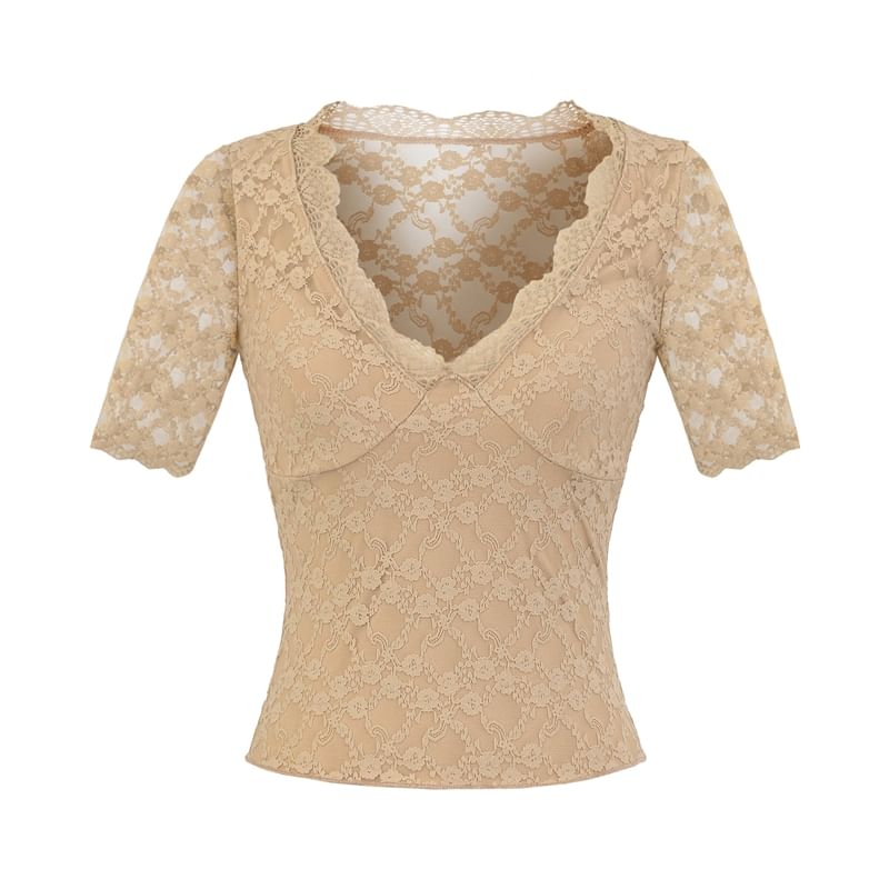 V-Neck Elbow-Sleeved Lace Overlay Blouse