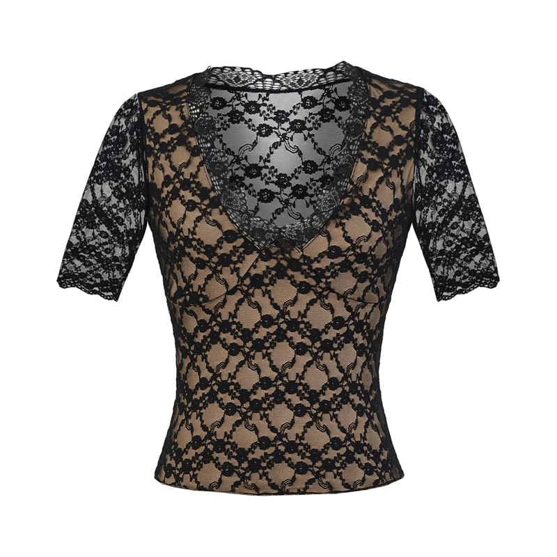 V-Neck Elbow-Sleeved Lace Overlay Blouse