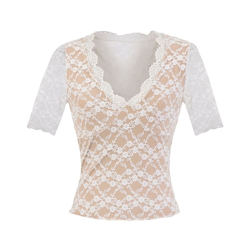 V-Neck Elbow-Sleeved Lace Overlay Blouse