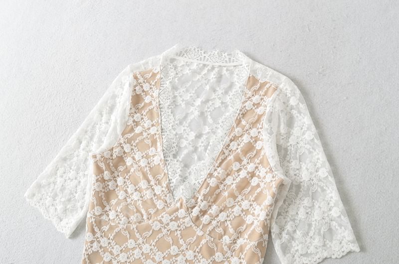 V-Neck Elbow-Sleeved Lace Overlay Blouse