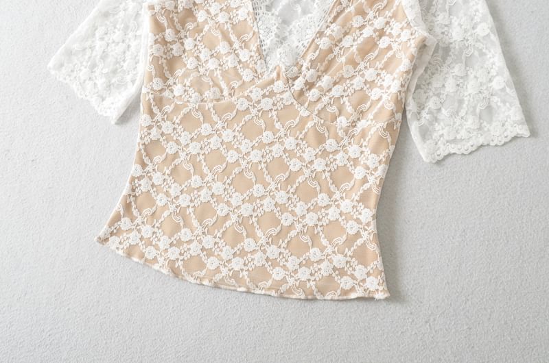 V-Neck Elbow-Sleeved Lace Overlay Blouse