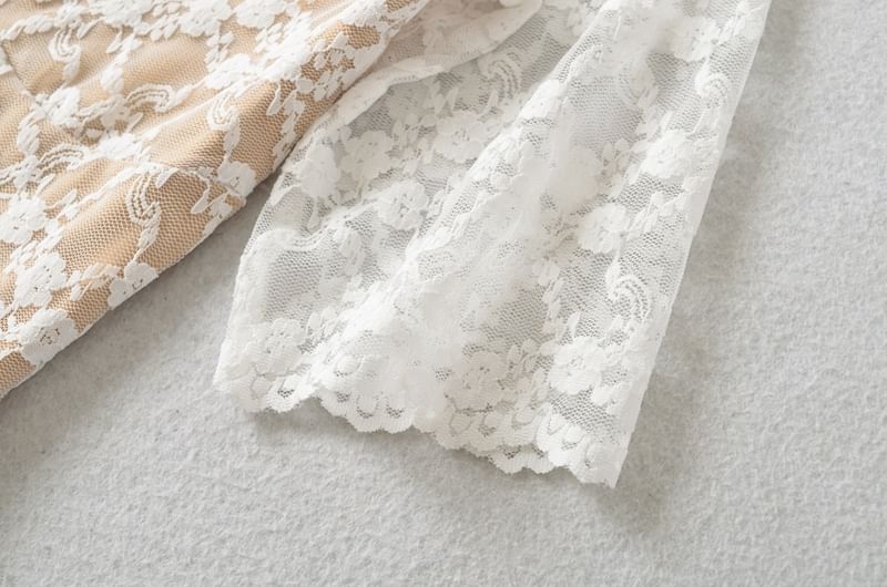 V-Neck Elbow-Sleeved Lace Overlay Blouse