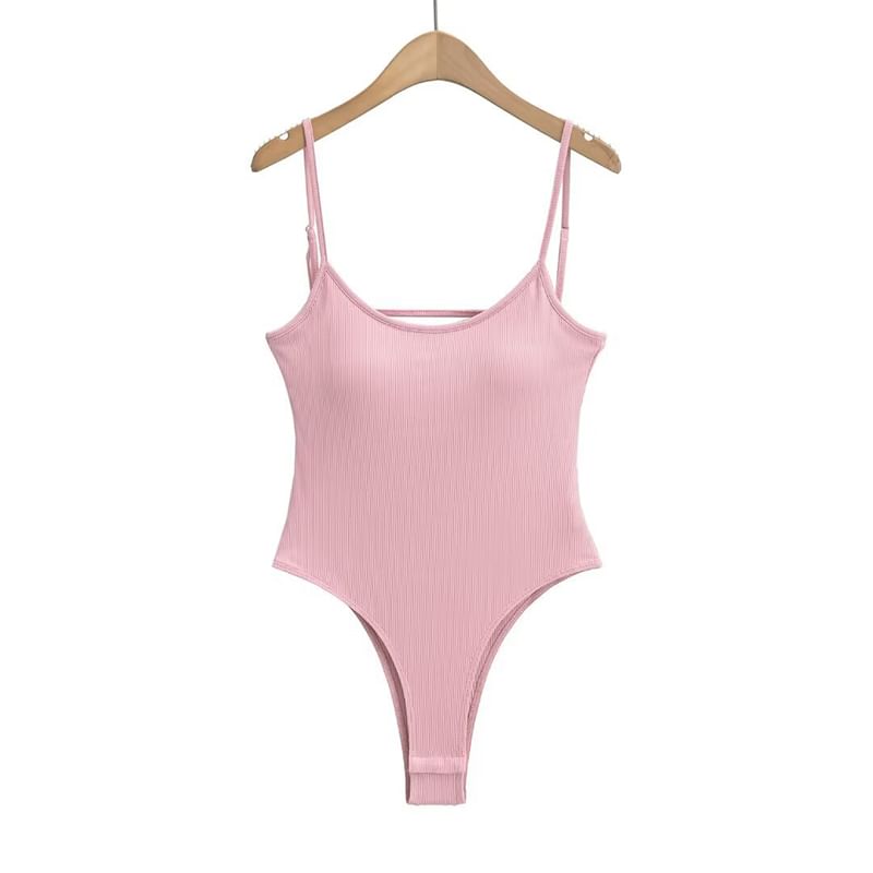 Ribbed Open-Back Scoop-Neck Spaghetti-Strap Bodysuit Top